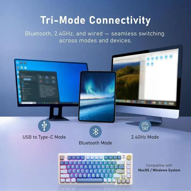 Alt view image 2 of 7 - iRocks K103R Wireless Rechargeable RGB 75% Mechanical Gaming Keyboard, Hot Swappable Pre-lubed Switches, 81 PBT Keys, Gasket Mount, USB-C Detachable Cable (Ocean Blue, Bubble Switch)