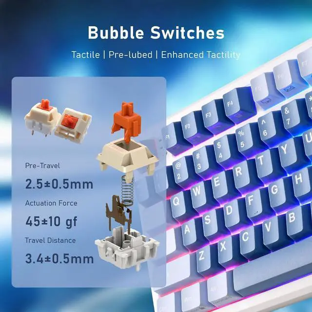 Alt view image 6 of 7 - iRocks K103R Wireless Rechargeable RGB 75% Mechanical Gaming Keyboard, Hot Swappable Pre-lubed Switches, 81 PBT Keys, Gasket Mount, USB-C Detachable Cable (Ocean Blue, Bubble Switch)