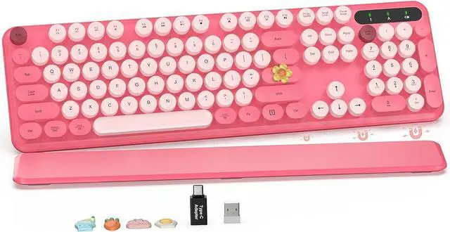 Main image of Wireless Keyboard, Round Keycaps, Retro Typewriter Keyboard with Detachable Wrist Rest, Sleep Mode, Foldable Legs, 2.4GHz Full-size Cordless Computer Keyboard for Windows/PC/Laptop (Colorful-Pink)