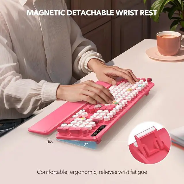 Alt view image 2 of 7 - Wireless Keyboard, Round Keycaps, Retro Typewriter Keyboard with Detachable Wrist Rest, Sleep Mode, Foldable Legs, 2.4GHz Full-size Cordless Computer Keyboard for Windows/PC/Laptop (Colorful-Pink)