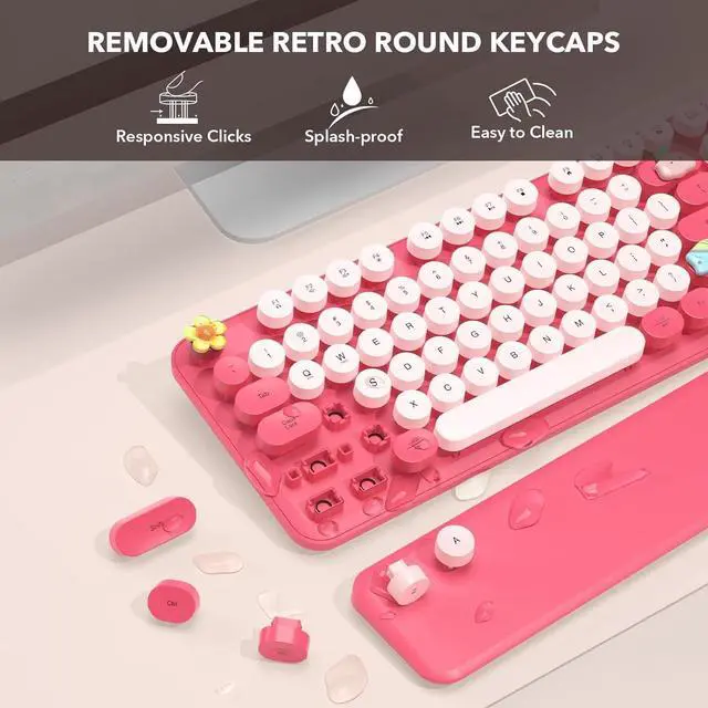 Alt view image 4 of 7 - Wireless Keyboard, Round Keycaps, Retro Typewriter Keyboard with Detachable Wrist Rest, Sleep Mode, Foldable Legs, 2.4GHz Full-size Cordless Computer Keyboard for Windows/PC/Laptop (Colorful-Pink)