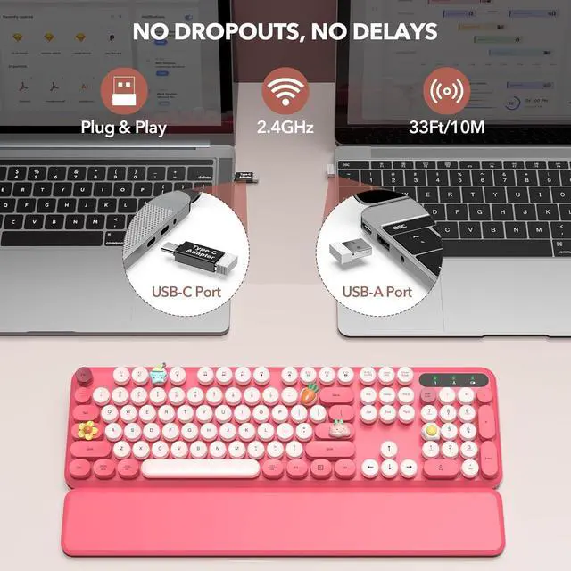 Alt view image 5 of 7 - Wireless Keyboard, Round Keycaps, Retro Typewriter Keyboard with Detachable Wrist Rest, Sleep Mode, Foldable Legs, 2.4GHz Full-size Cordless Computer Keyboard for Windows/PC/Laptop (Colorful-Pink)