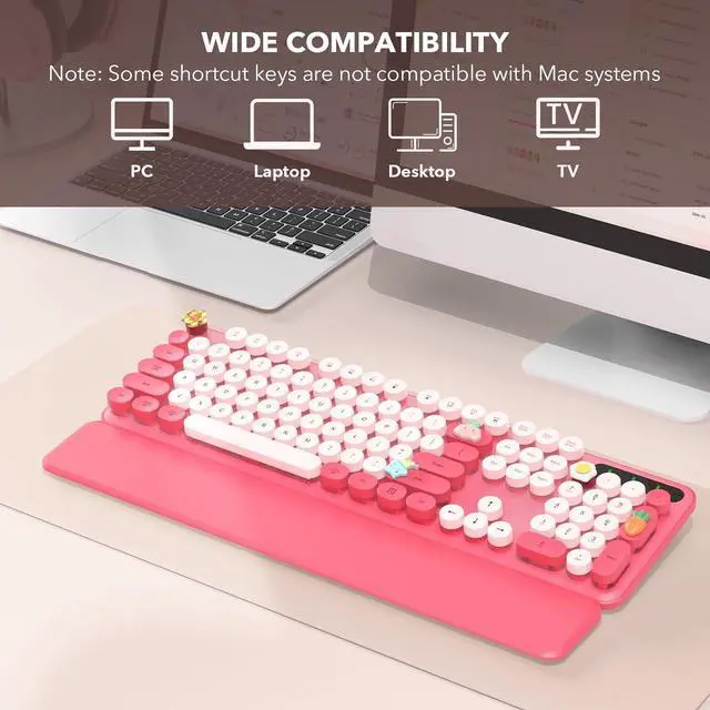 Alt view image 6 of 7 - Wireless Keyboard, Round Keycaps, Retro Typewriter Keyboard with Detachable Wrist Rest, Sleep Mode, Foldable Legs, 2.4GHz Full-size Cordless Computer Keyboard for Windows/PC/Laptop (Colorful-Pink)