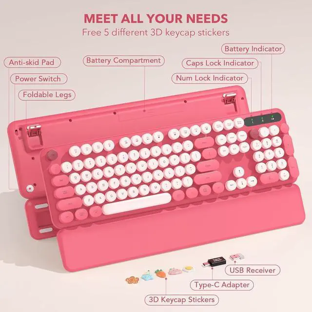 Alt view image 7 of 7 - Wireless Keyboard, Round Keycaps, Retro Typewriter Keyboard with Detachable Wrist Rest, Sleep Mode, Foldable Legs, 2.4GHz Full-size Cordless Computer Keyboard for Windows/PC/Laptop (Colorful-Pink)