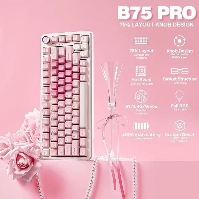 Alt view image 2 of 7 - YUNZII B75 PRO Wireless Mechanical Keyboard,75% Layout with Knob,Hot Swap Gasket Custom Structure,Creamy Pre-lubed Switches,RGB Backlit,Bluetooth/Type-C/2.4G for Win/Mac(Milk Switch,Pink)