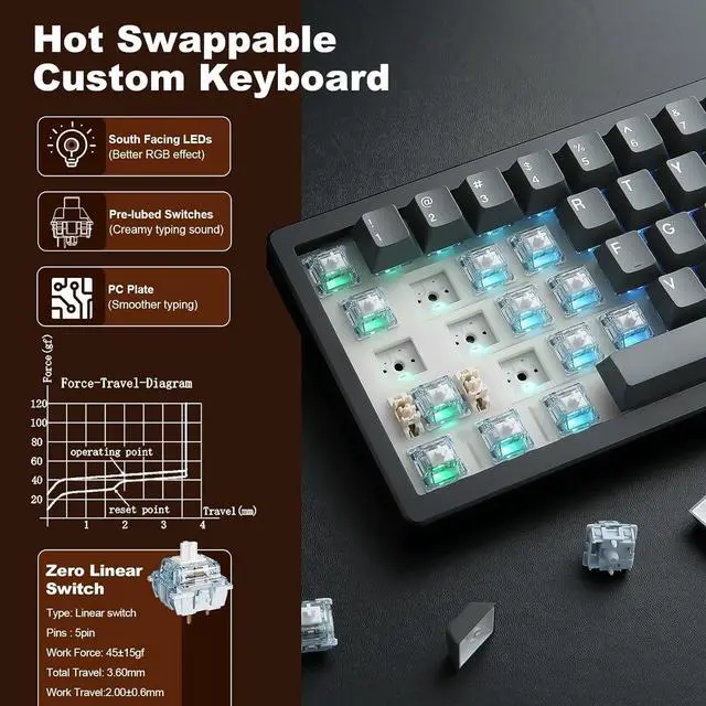 Alt view image 4 of 7 - YUNZII AL68 Wireless Mechanical Keyboard 60%,QMK/VIA Aluminum Keyboard,Hot Swappable Custom Keyboard with Knob,Gasket Structure,RGB Backlit Gaming Keyboard (Black, Gateron Zero)