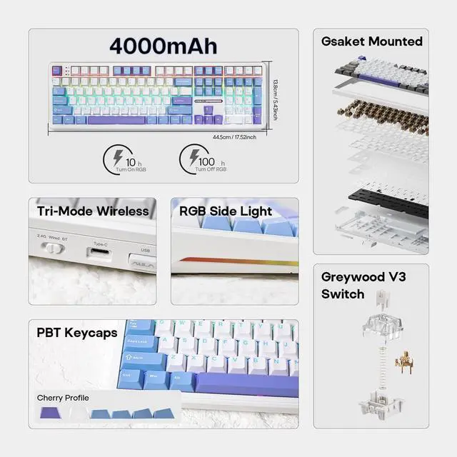 Alt view image 2 of 7 - EPOMAKER Aula F108 Wireless Gaming Keyboard with 4000mAh Battery, US Layout Full Size Mechanical Keyboard with 108 Hot-Swappable Keys, RGB, for Mac/PC/Android (White&Blue)