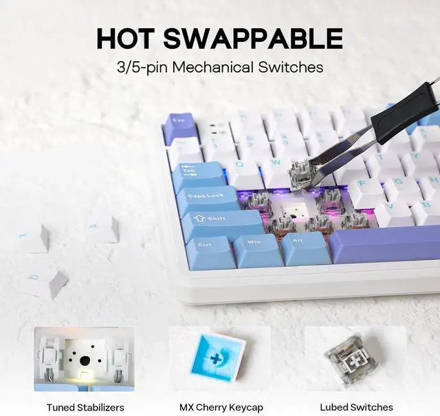 Alt view image 5 of 7 - EPOMAKER Aula F108 Wireless Gaming Keyboard with 4000mAh Battery, US Layout Full Size Mechanical Keyboard with 108 Hot-Swappable Keys, RGB, for Mac/PC/Android (White&Blue)