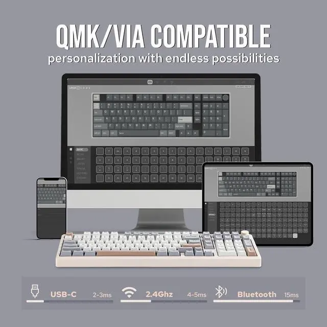 Alt view image 4 of 7 - EPOMAKER Galaxy100 QMK/VIA Wireless Gaming Keyboard, Aluminum Shell, Bluetooth/2.4Ghz/USB-C, Pre-Lubed Hot-Swappable Linear Switches, NKRO, RGB Backlit (Creamy White, Wisteria Linear Switch)