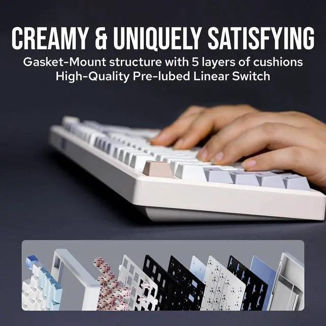Alt view image 7 of 7 - EPOMAKER Galaxy100 QMK/VIA Wireless Gaming Keyboard, Aluminum Shell, Bluetooth/2.4Ghz/USB-C, Pre-Lubed Hot-Swappable Linear Switches, NKRO, RGB Backlit (Creamy White, Wisteria Linear Switch)