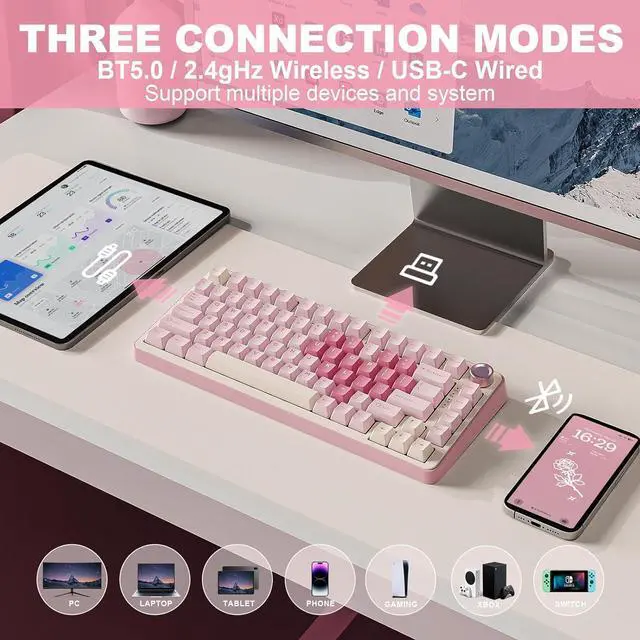 Alt view image 3 of 7 - YUNZII B75 PRO Wireless Mechanical Keyboard,75% Layout with Knob,Hot Swap Gasket Custom Structure,Creamy Pre-lubed Switches,RGB Backlit,Bluetooth/Type-C/2.4G for Win/Mac(Milk Switch,Pink)