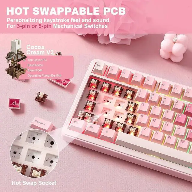 Alt view image 5 of 7 - YUNZII B75 PRO Wireless Mechanical Keyboard,75% Gaming Keyboard Gasket Hot Swap Custom Keyboard with Knob,Pre-lubed Switches RGB,Bluetooth/Type-C/2.4G (Pink, Cocoa Cream V2 Switch)