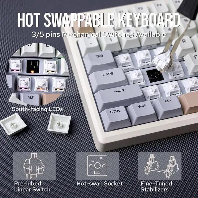 Alt view image 6 of 7 - EPOMAKER Galaxy100 QMK/VIA Wireless Gaming Keyboard, Aluminum Shell, Bluetooth/2.4Ghz/USB-C, Pre-Lubed Hot-Swappable Linear Switches, NKRO, RGB Backlit (Creamy White, Wisteria Linear Switch)