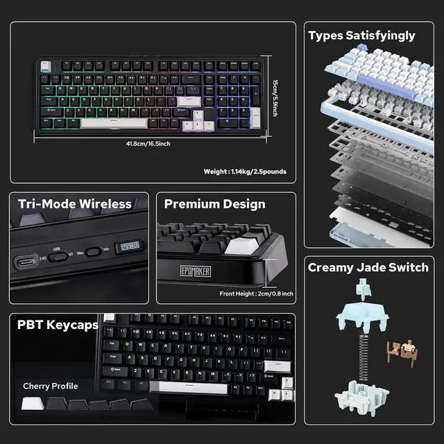 Alt view image 2 of 7 - EPOMAKER TH99 Tri-Mode Wireless Mechanical Keyboard with 8000mAh Battery, Hot Swappable Custom RGB Gaming Keyboard with Numpad, Gasket Creamy for PC/Mac/Office (Black)