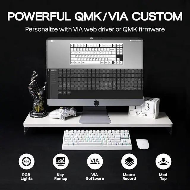 Alt view image 3 of 7 - EPOMAKER G84 80% RGB Gaming Mechanical Keyboard, 2.4GHz/ Type-C/BT Wireless Keyboard, QMK/VIA Programmable, Hot-Swappable, NKRO, with Shine Through PBT Keycaps for Gamers (White, Creamy Jade Switch)