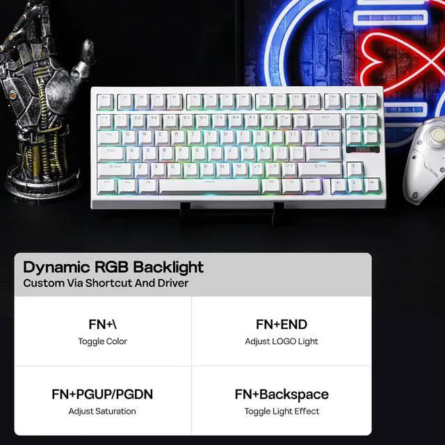 Alt view image 6 of 7 - EPOMAKER G84 80% RGB Gaming Mechanical Keyboard, 2.4GHz/ Type-C/BT Wireless Keyboard, QMK/VIA Programmable, Hot-Swappable, NKRO, with Shine Through PBT Keycaps for Gamers (White, Creamy Jade Switch)