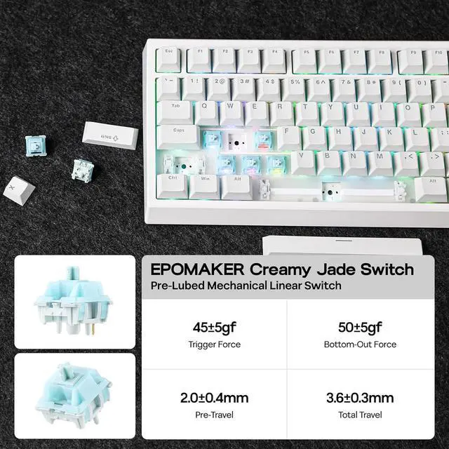 Alt view image 7 of 7 - EPOMAKER G84 80% RGB Gaming Mechanical Keyboard, 2.4GHz/ Type-C/BT Wireless Keyboard, QMK/VIA Programmable, Hot-Swappable, NKRO, with Shine Through PBT Keycaps for Gamers (White, Creamy Jade Switch)