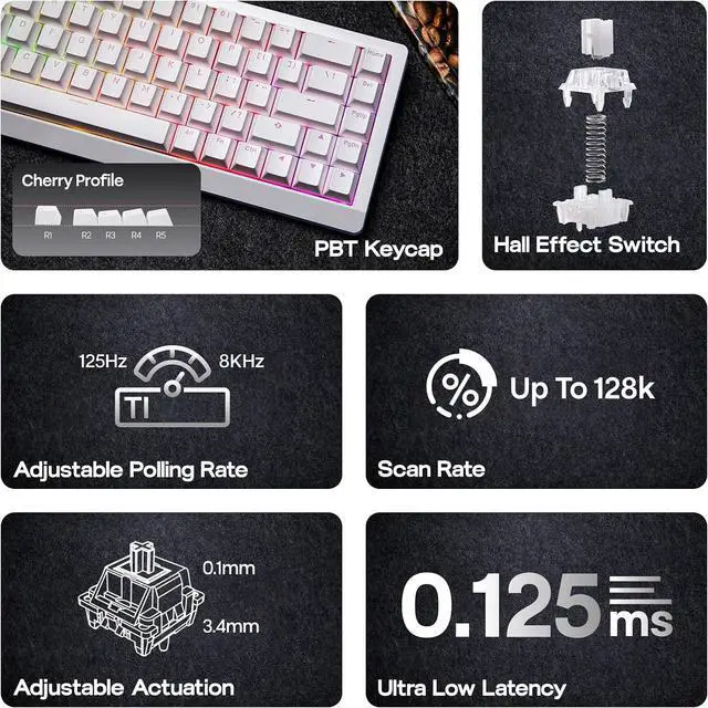 Alt view image 2 of 7 - EPOMAKER HE68 Lite Hall Effect Gaming Keyboard, 8k Polling & 128K Scan Rate, 0.005mm Adjustable Trigger, 0.125ms Latency, 5-Layer Sound-Dampened, Snap Key, SOCD, A-RGB, Wired, Mac Software (White)