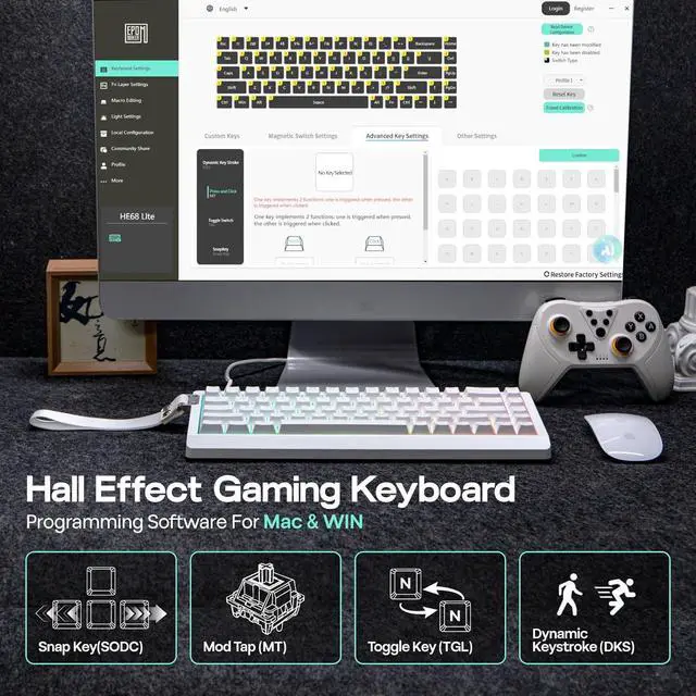 Alt view image 3 of 7 - EPOMAKER HE68 Lite Hall Effect Gaming Keyboard, 8k Polling & 128K Scan Rate, 0.005mm Adjustable Trigger, 0.125ms Latency, 5-Layer Sound-Dampened, Snap Key, SOCD, A-RGB, Wired, Mac Software (White)
