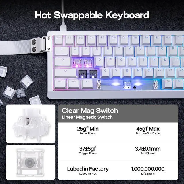 Alt view image 6 of 7 - EPOMAKER HE68 Lite Hall Effect Gaming Keyboard, 8k Polling & 128K Scan Rate, 0.005mm Adjustable Trigger, 0.125ms Latency, 5-Layer Sound-Dampened, Snap Key, SOCD, A-RGB, Wired, Mac Software (White)