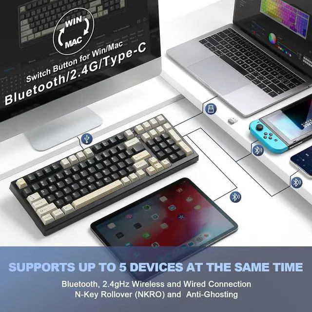 Alt view image 5 of 7 - YUNZII YZ98 Gasket Mechanical Keyboard,99 Key Hot Swappable BT5.0/2.4G/USB-C Wireless NKRO 98% 1800 Layout with RGB LED Backlit for Linux/Win/Mac (Milk Switch, Black)