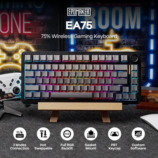 Alt view image 2 of 7 - EPOMAKER EA75 75% RGB Gaming Mechanical Keyboard, 2.4GHz/Type-C/BT Creamy Wireless Keyboard with Knob, Shine Through PBT Keycaps, Hot Swappable for Gamers (Black Gradient, Reaper Switch)