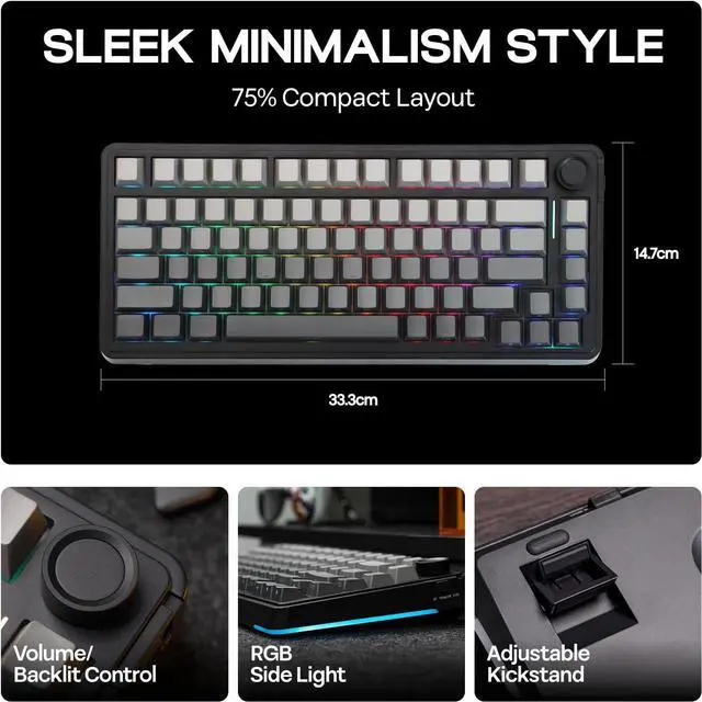 Alt view image 4 of 7 - EPOMAKER EA75 75% RGB Gaming Mechanical Keyboard, 2.4GHz/Type-C/BT Creamy Wireless Keyboard with Knob, Shine Through PBT Keycaps, Hot Swappable for Gamers (Black Gradient, Reaper Switch)