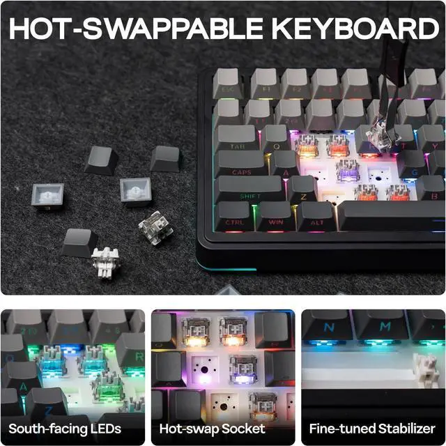 Alt view image 6 of 7 - EPOMAKER EA75 75% RGB Gaming Mechanical Keyboard, 2.4GHz/Type-C/BT Creamy Wireless Keyboard with Knob, Shine Through PBT Keycaps, Hot Swappable for Gamers (Black Gradient, Reaper Switch)
