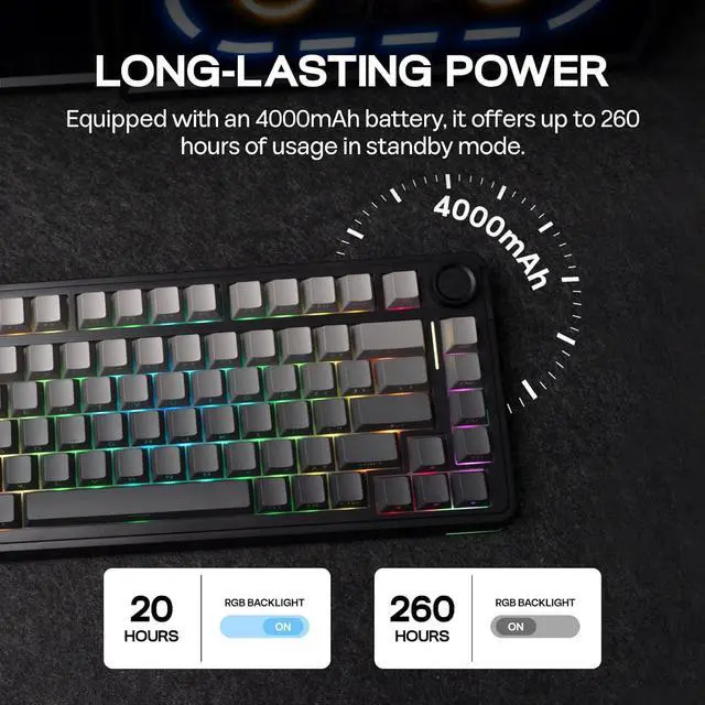 Alt view image 5 of 7 - EPOMAKER EA75 75% RGB Gaming Mechanical Keyboard, 2.4GHz/Type-C/BT Creamy Wireless Keyboard with Knob, Shine Through PBT Keycaps, Hot Swappable for Gamers (Black Gradient, Reaper Switch)