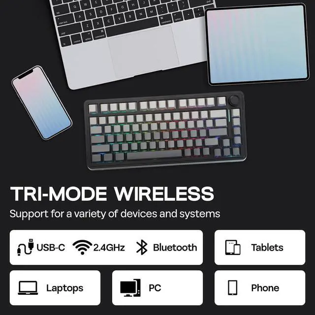 Alt view image 7 of 7 - EPOMAKER EA75 75% RGB Gaming Mechanical Keyboard, 2.4GHz/Type-C/BT Creamy Wireless Keyboard with Knob, Shine Through PBT Keycaps, Hot Swappable for Gamers (Black Gradient, Reaper Switch)