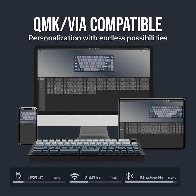 Alt view image 3 of 7 - EPOMAKER Split65 Ergonomic Split Mechanical Keyboard, Wireless Bluetooth/2.4G/Wired, 3000mAh Battery, Hot Swappable, RGB Backlit, Metal Knob (Wisteria Linear Switch)