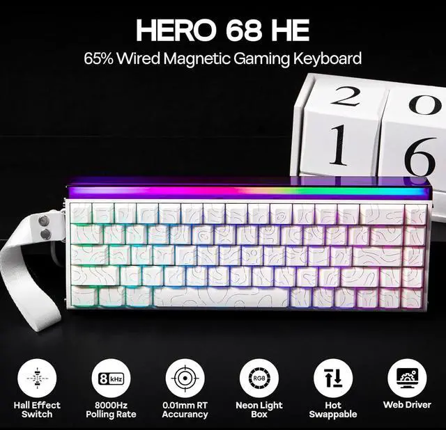 Alt view image 3 of 6 - EPOMAKER Aula Hero68 HE Wired Magnetic Gaming Keyboard, 0.01mm Adjustable Actuation, Rapid Hall Effect Switch, 8kHz Polling, 5-Layer Sound Dampening, RGB Box & Backlight (White Topographic)