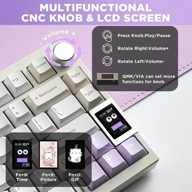 Alt view image 7 of 7 - YUNZII AL80 Wireless Mechanical Keyboard,Full Aluminum CNC,Smart LCD Display,Hot Swappable Gasket 75% Layout with Knob,BT/2.4G/USB-C,QMK/VIA Support for Win/Mac (Beige, Cocoa Cream V2 Switch)