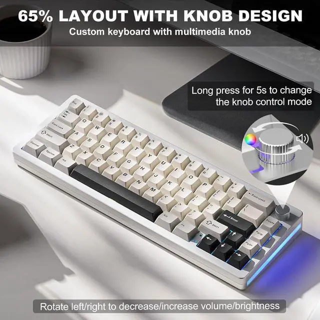 Alt view image 6 of 7 - YUNZII AL66 Wireless Mechanical Keyboard,65% Knob Control Aluminum Gaming Keyboard Bluetooth/2.4G/Wired Hot Swappable Pre-lubed Switches, Gasket Mounted RGB Keyboard for Win/Mac(Milk Switch, Silver)