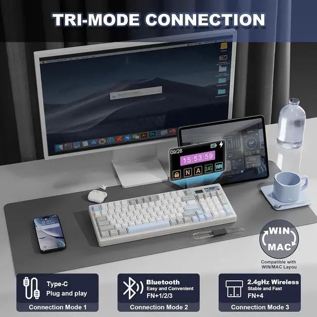 Alt view image 4 of 7 - YUNZII IF99 Wireless Mechanical Gaming Keyboard with Smart LCD Display, QMK/VIA Programmable BT/2.4G/USB-C Gasket Mounted Hot Swap RGB 96% Layout for Mac/Win (White, Cocoa Cream V2 Switch)