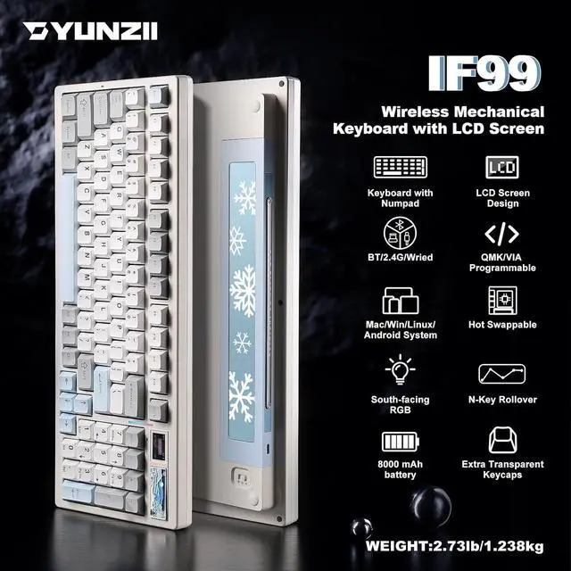 Alt view image 2 of 7 - YUNZII IF99 Wireless Mechanical Gaming Keyboard with Smart LCD Display, QMK/VIA Programmable BT/2.4G/USB-C Gasket Mounted Hot Swap RGB 96% Layout for Mac/Win (White, Cocoa Cream V2 Switch)
