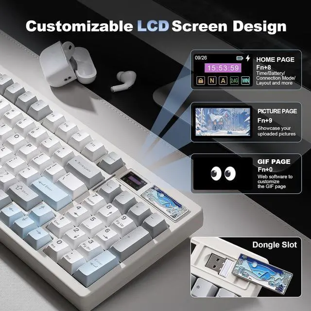 Alt view image 3 of 7 - YUNZII IF99 Wireless Mechanical Gaming Keyboard with Smart LCD Display, QMK/VIA Programmable BT/2.4G/USB-C Gasket Mounted Hot Swap RGB 96% Layout for Mac/Win (White, Cocoa Cream V2 Switch)