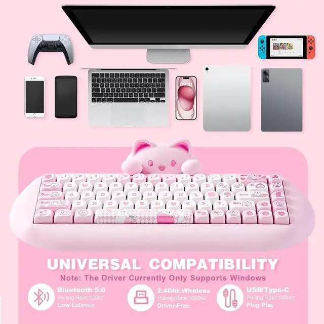 Alt view image 3 of 7 - YUNZII C68 Wireless Mechanical Keyboard,65% Layout,Hot Swap,Triple Mode BT5.0/2.4G/Wired, RGB Backlit NKRO,Cute Cat Silicone Ergonomic Design for Win/Mac (Milk Switch,Pink)