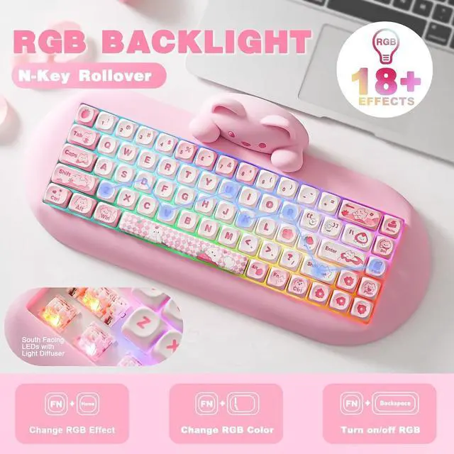 Alt view image 4 of 7 - YUNZII C68 Wireless Mechanical Keyboard,65% Layout,Hot Swap,Triple Mode BT5.0/2.4G/Wired, RGB Backlit NKRO,Cute Cat Silicone Ergonomic Design for Win/Mac (Milk Switch,Pink)