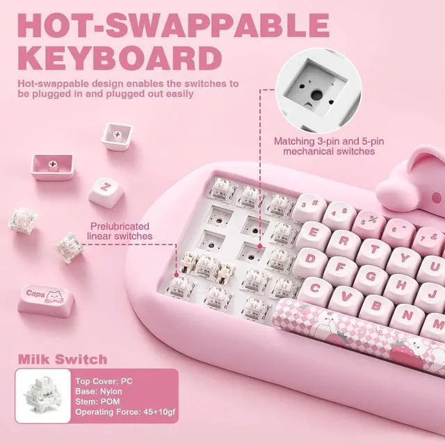 Alt view image 6 of 7 - YUNZII C68 Wireless Mechanical Keyboard,65% Layout,Hot Swap,Triple Mode BT5.0/2.4G/Wired, RGB Backlit NKRO,Cute Cat Silicone Ergonomic Design for Win/Mac (Milk Switch,Pink)