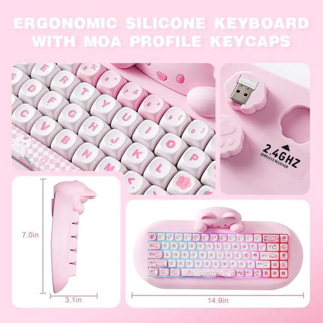 Alt view image 7 of 7 - YUNZII C68 Wireless Mechanical Keyboard,65% Layout,Hot Swap,Triple Mode BT5.0/2.4G/Wired, RGB Backlit NKRO,Cute Cat Silicone Ergonomic Design for Win/Mac (Milk Switch,Pink)