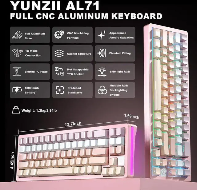 Alt view image 2 of 7 - YUNZII AL71 68% Mechanical Keyboard,Full Aluminum CNC,Hot Swappable Gasket,2.4GHz Wireless BT5.0/USB-C Wired,NKRO Programmable RGB Backlight Creamy Typing for Win/Mac (Pink, Crystal White Switch)