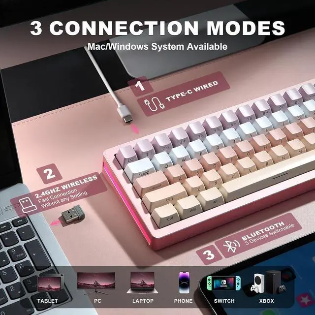 Alt view image 3 of 7 - YUNZII AL71 68% Mechanical Keyboard,Full Aluminum CNC,Hot Swappable Gasket,2.4GHz Wireless BT5.0/USB-C Wired,NKRO Programmable RGB Backlight Creamy Typing for Win/Mac (Pink, Crystal White Switch)