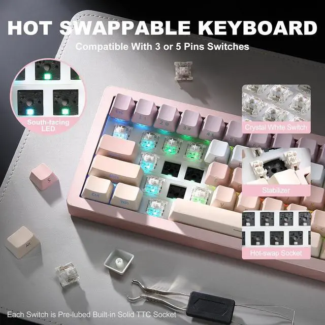 Alt view image 4 of 7 - YUNZII AL71 68% Mechanical Keyboard,Full Aluminum CNC,Hot Swappable Gasket,2.4GHz Wireless BT5.0/USB-C Wired,NKRO Programmable RGB Backlight Creamy Typing for Win/Mac (Pink, Crystal White Switch)