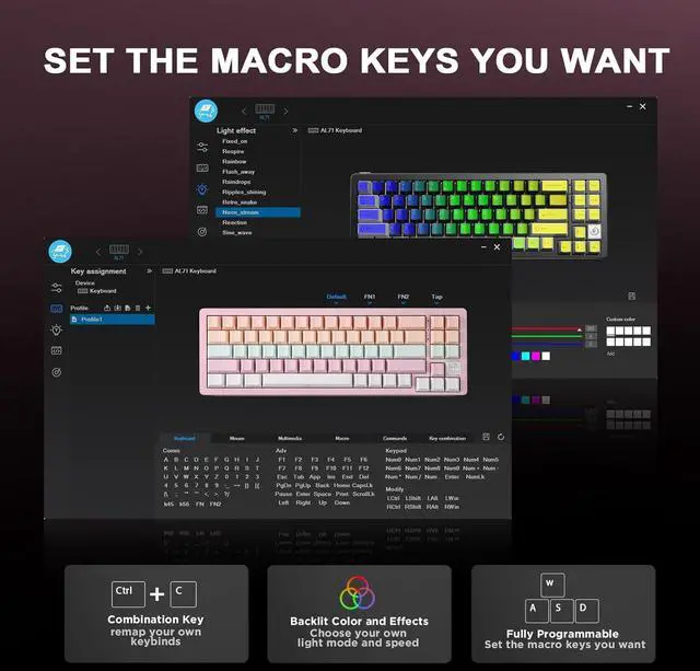Alt view image 6 of 7 - YUNZII AL71 68% Mechanical Keyboard,Full Aluminum CNC,Hot Swappable Gasket,2.4GHz Wireless BT5.0/USB-C Wired,NKRO Programmable RGB Backlight Creamy Typing for Win/Mac (Pink, Crystal White Switch)