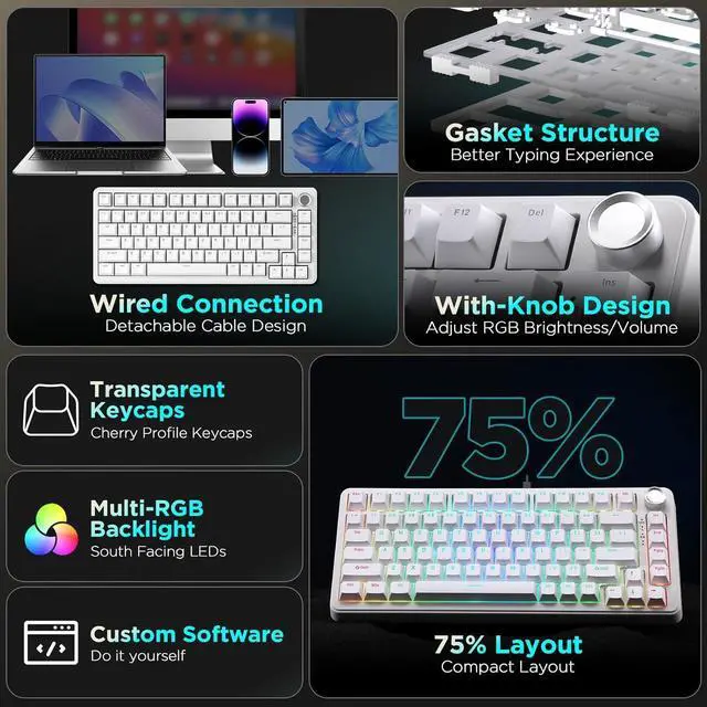 Alt view image 2 of 7 - YUNZII B75 Mechanical Keyboard,75% Layout with Knob,Hot Swappable RGB Backlit Gasket Mounted, Creamy Typing, Double-Shot PBT Keycaps,Cherry Profile,for Win/Mac (White, Milk V2 Linear Switch)