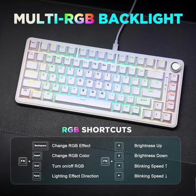Alt view image 6 of 7 - YUNZII B75 Mechanical Keyboard,75% Layout with Knob,Hot Swappable RGB Backlit Gasket Mounted, Creamy Typing, Double-Shot PBT Keycaps,Cherry Profile,for Win/Mac (White, Milk V2 Linear Switch)