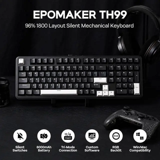 Alt view image 2 of 7 - EPOMAKER TH99 Wireless Mechanical Keyboard, Quiet Gaming Keyboard, 8000mAh,Creamy Gasket,RGB Backlit,Numpad,PBT Keycap,Lubed Silent Switch,Hot Swappable,for Gamers/Office (Black)
