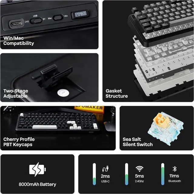 Alt view image 3 of 7 - EPOMAKER TH99 Wireless Mechanical Keyboard, Quiet Gaming Keyboard, 8000mAh,Creamy Gasket,RGB Backlit,Numpad,PBT Keycap,Lubed Silent Switch,Hot Swappable,for Gamers/Office (Black)