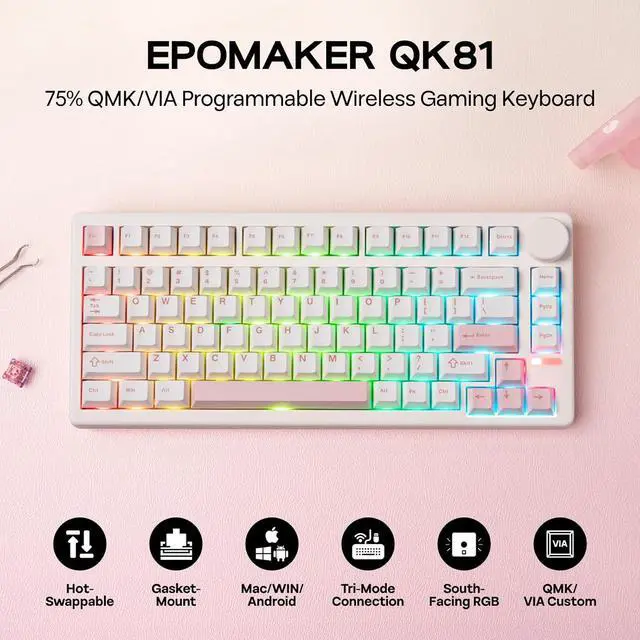 Main image of EPOMAKER QK81 75% Wireless Mechanical Gaming Keyboard, QMK/VIA Programmable and Hot-Swappable, 81 Keys with Metal Knob, 2.4Ghz/BT/USB, Creamy Gasket-Mount, RGB Backlight (White, Flamingo Switch)